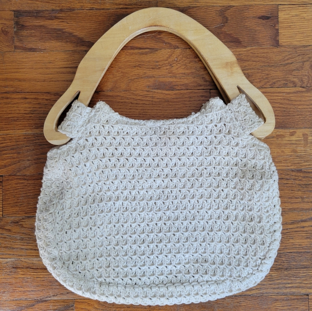 70s Vintage Wooden Handle Knit Bag